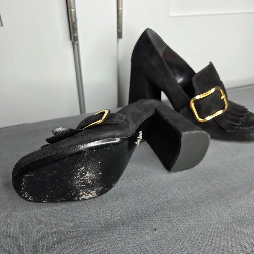 Women's Prada Black Suede Madras Fringe Buckle Slip-On with COA - EU Size 38.5 - Picture 8 of 12